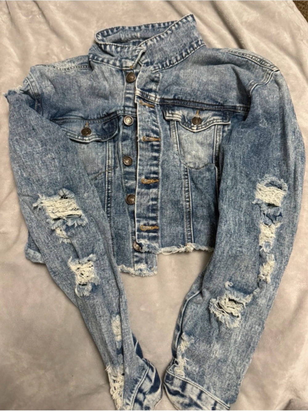 Almost Famous Distressed Light Blue Cropped Denim Jacket